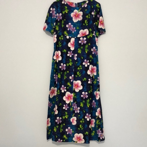 Handmade Dresses & Skirts - VINTAGE 60s 70s Custom Handmade Hawaiian Maxi Dress Orchid Print on Blue Size 8